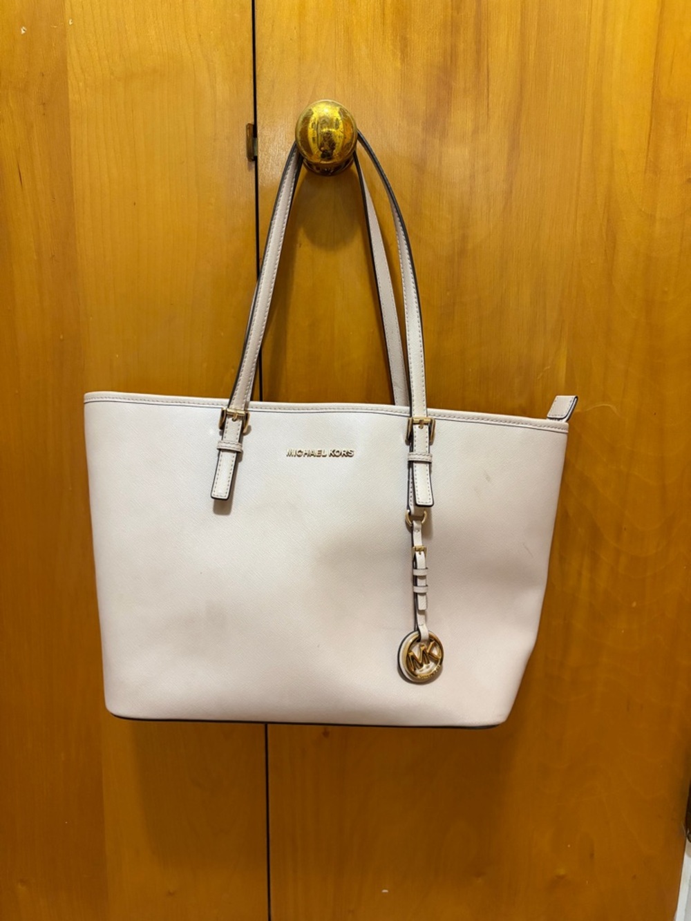 Michael Kors Cream Leather Saffiano Tote with Gold MK Charm